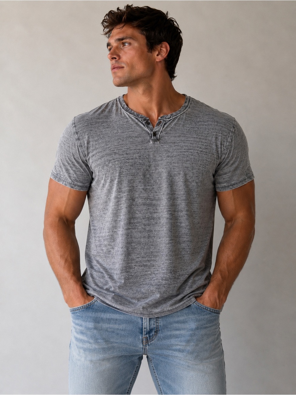 Lucky Brand Men's Heather Gray Short-Sleeve Henley- Venice Burnout Size -XL